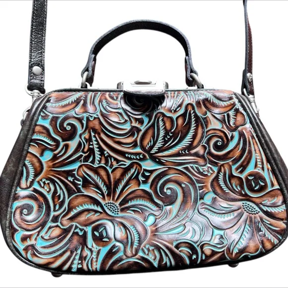 Patricia Nash Turquoise Framed Gracchi Tooled Burnt Leather Crossbody Set - Picture 15 of 16